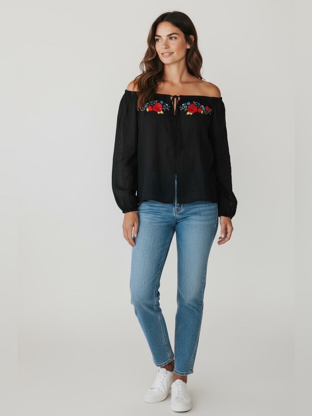 DKNY Embroidered Off Shoulder Black Multi Long Sleeve Top Size XS